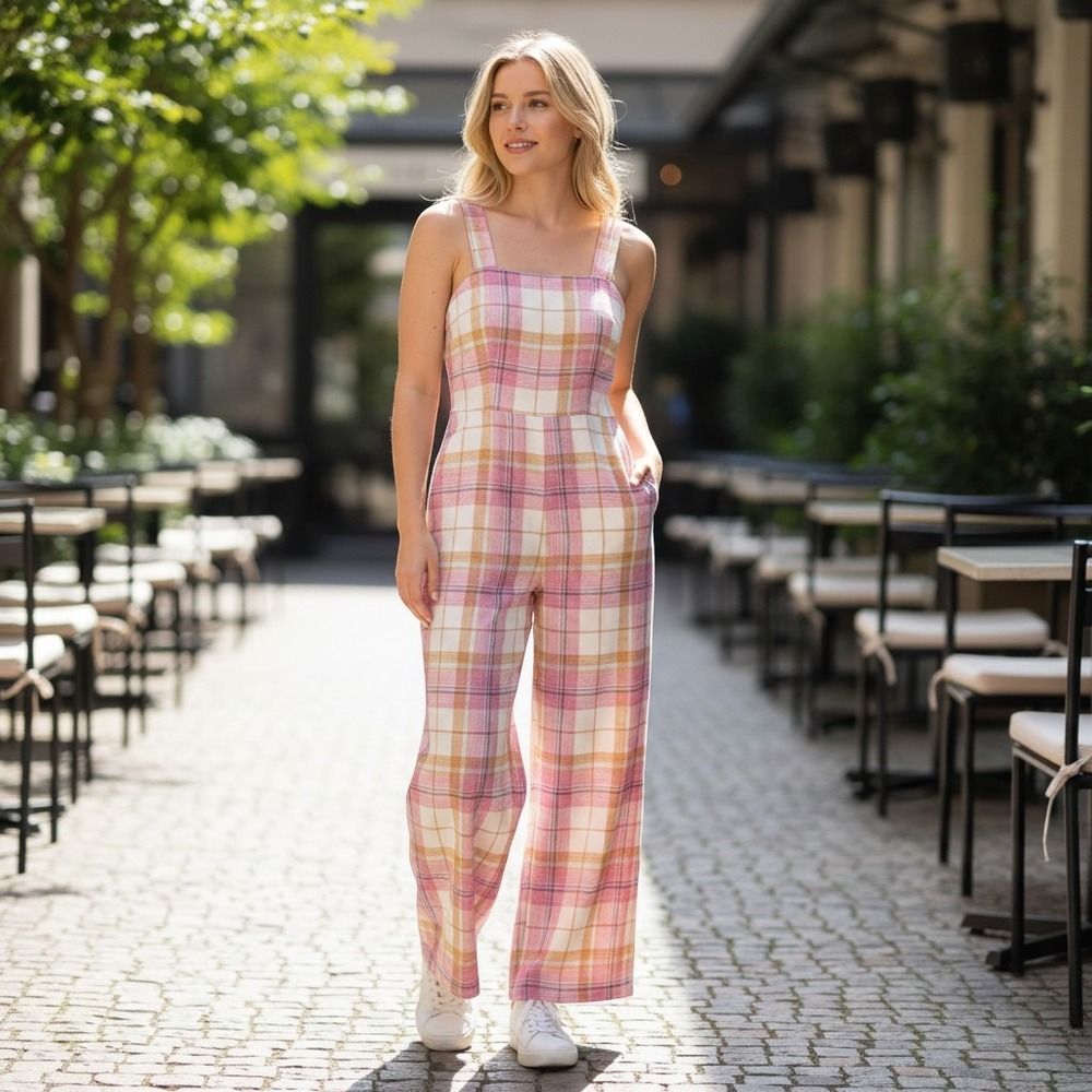 LOFT Beach Jumpsuit Women Medium Pink Yellow Plaid Tie Back Wide Leg Summer NWT